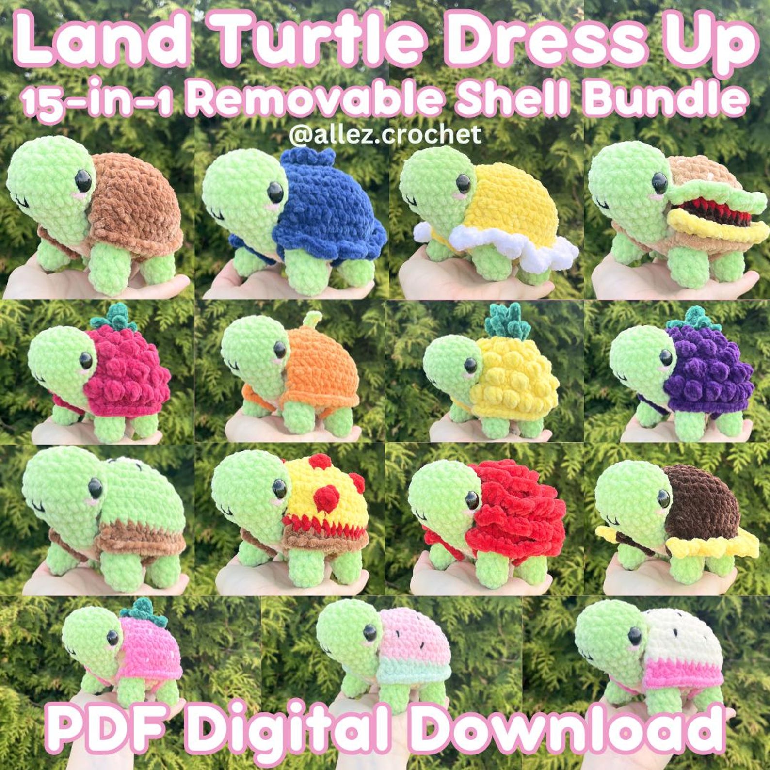 15-in-1 Land Turtle Dress Up Crochet Pattern Bundle: PDF Digital Download (With Removable Shells!)
